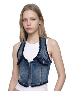 Dolls Kill Lara Denim Cropped Zip Tank Black Trim Large Generation KISS NWT
